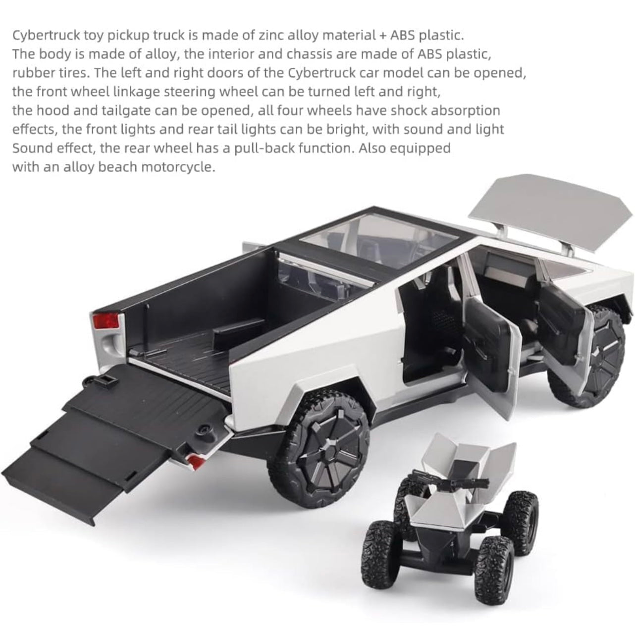 1:24 Tesla Cybertruck Pickup with Motorcycle – Diecast Alloy Toy Car with Lights & Sound