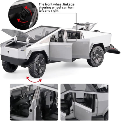 1:24 Tesla Cybertruck Pickup with Motorcycle – Diecast Alloy Toy Car with Lights & Sound